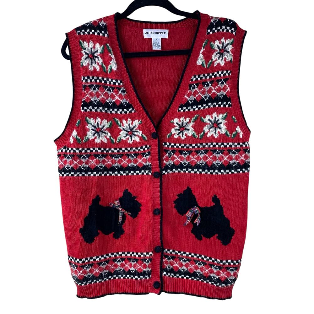 Vintage Christmas Sweater Vest Size M Red Scotty Dog Holiday